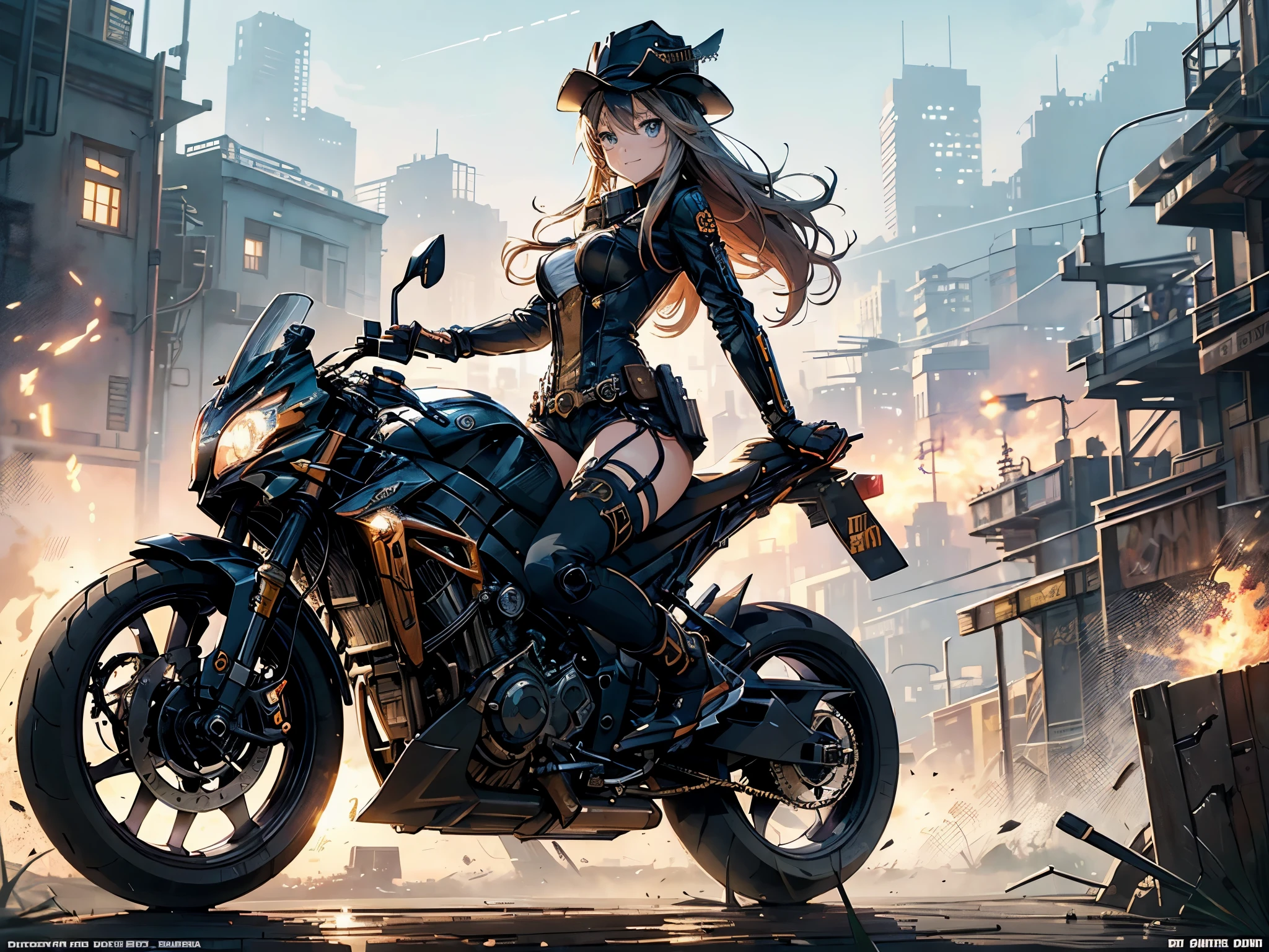 (comic book style),(line drawing_anime),(cowboy shot, highest quality, ),(Laura Budd Photos:1.2),(Laura Add Details:1.0),8K, flat color:0.8,1 girl,smile、(Steampunk bike ride 1.5)、Exquisitely decorated motorcycle、(Highly decorative and complex mechanical steampunk fashion, lace flare dolphin hat、goggles 1.5、machinery background、Gear background、Intricately mechanized steampunk cityscape 1.5),