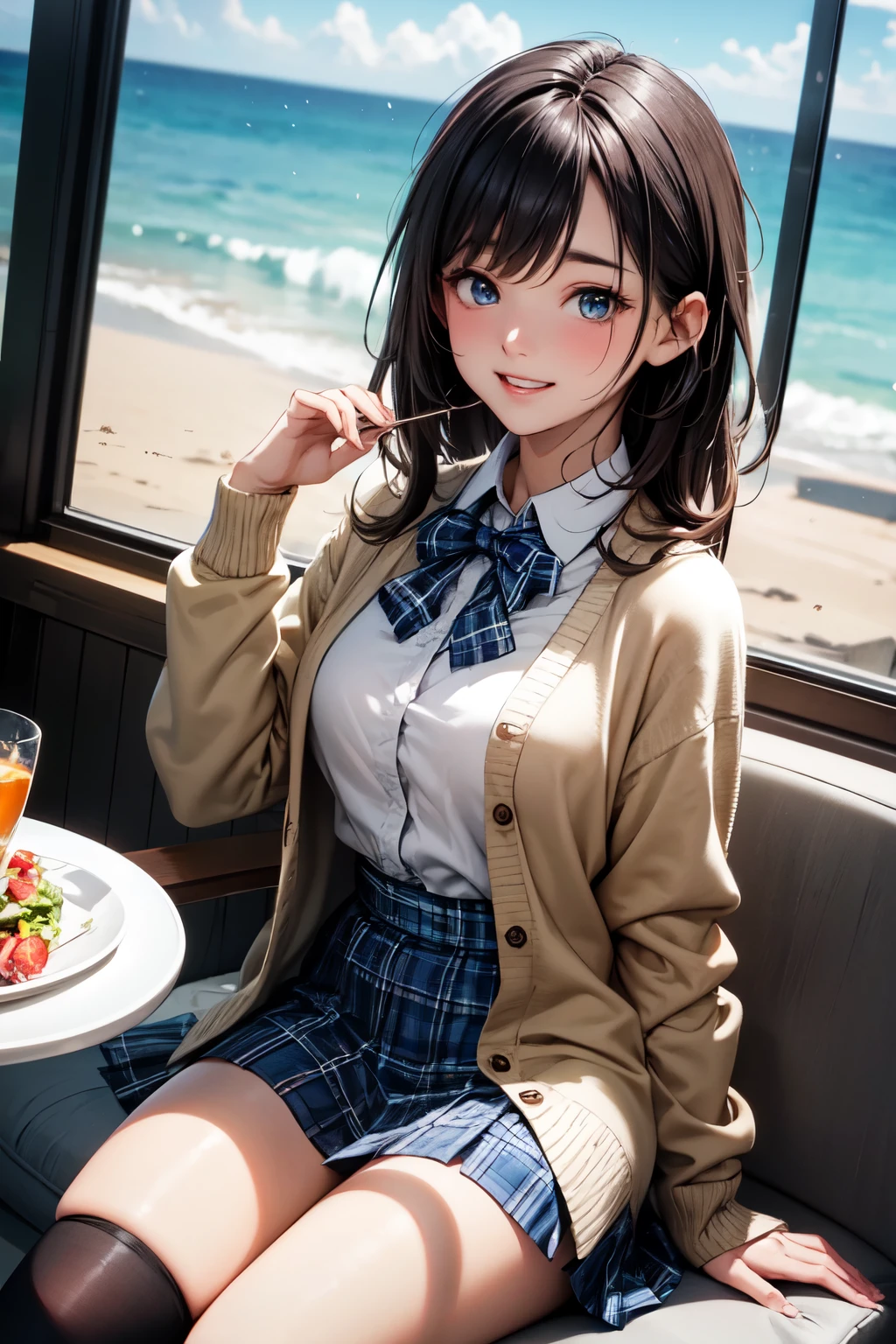 very cute and beautiful girl sitting on chair of cafe,(highly detailed beautiful face and eyes),
white blouse,laugh,happy,(beige cardigan:1.2) BREAK zettai ryouiki,black hair,
(blue plaid mini skirt:1.2),(cups of tea),(sandwiches on plate),(salad in bowl),window,ocean view,
(best quality,masterpiece:1.0),absurdres,highres,ultra-detailed,extremely detailed,32k,8k resolution,
intricate details,cinematic scene,detailed background,solo,dynamic angle,