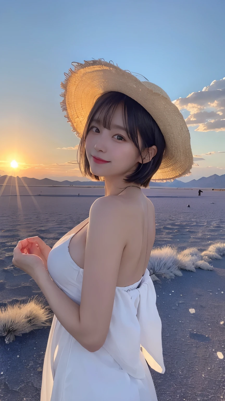 1 girl, masterpiece, very detailed, (beautiful delicate shine), Lens flare, gray hair, short hair, floating hair, think back, Back, back, smile, blue eyes, white dress, medium breasts, Upper body, wide shot, straw hat, ((Uyuni salt lake)), sunrise, cloud, Backlight, purple sky, yellow sky, gradation sky, Put your hand on the hat,huge breasts,looking at the viewer