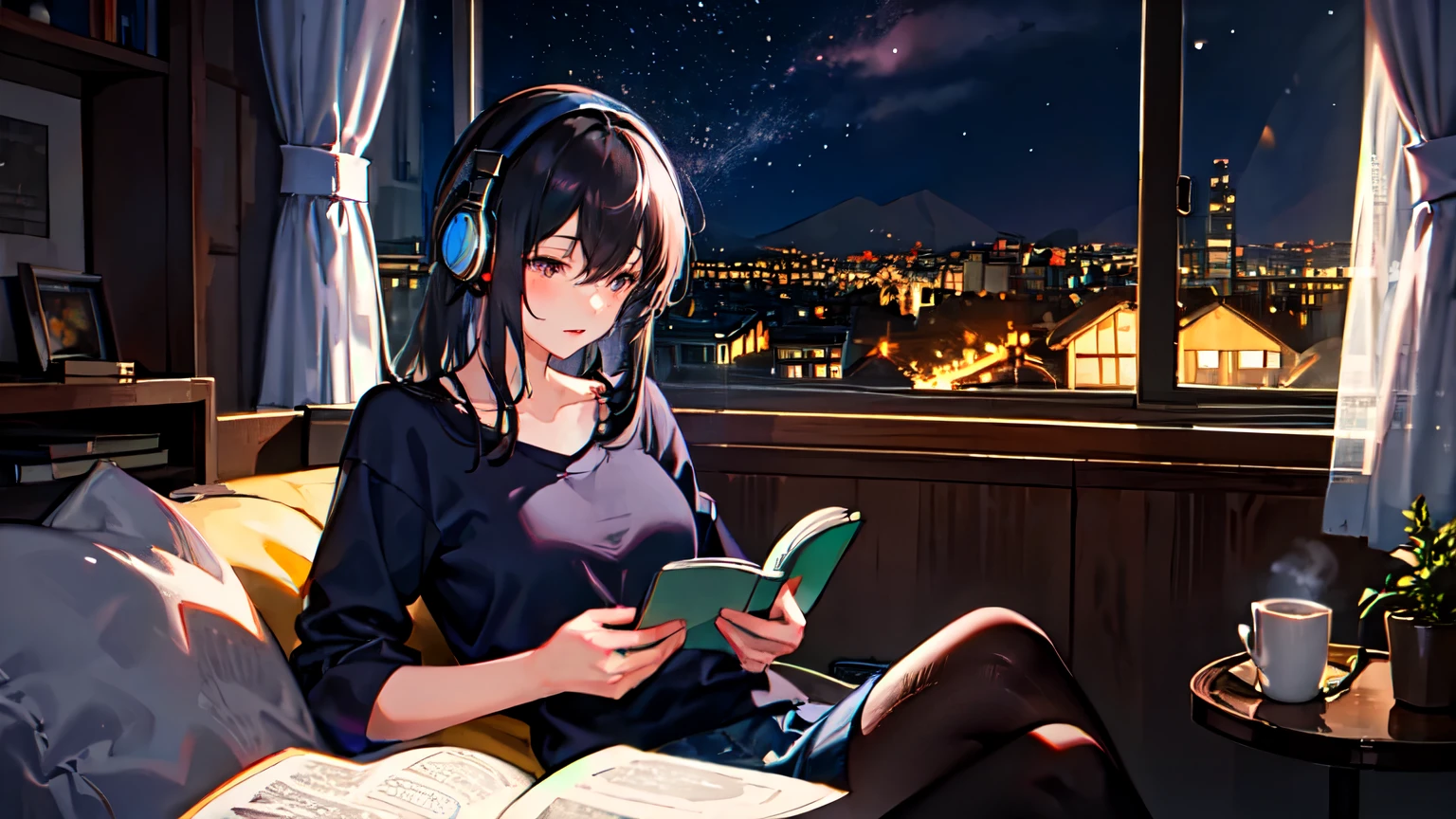 ((1 girl))、black hair、Quiet room at night、((night view outside the window))、Relaxed look、reading a book、coffee、headphone、warm lighting