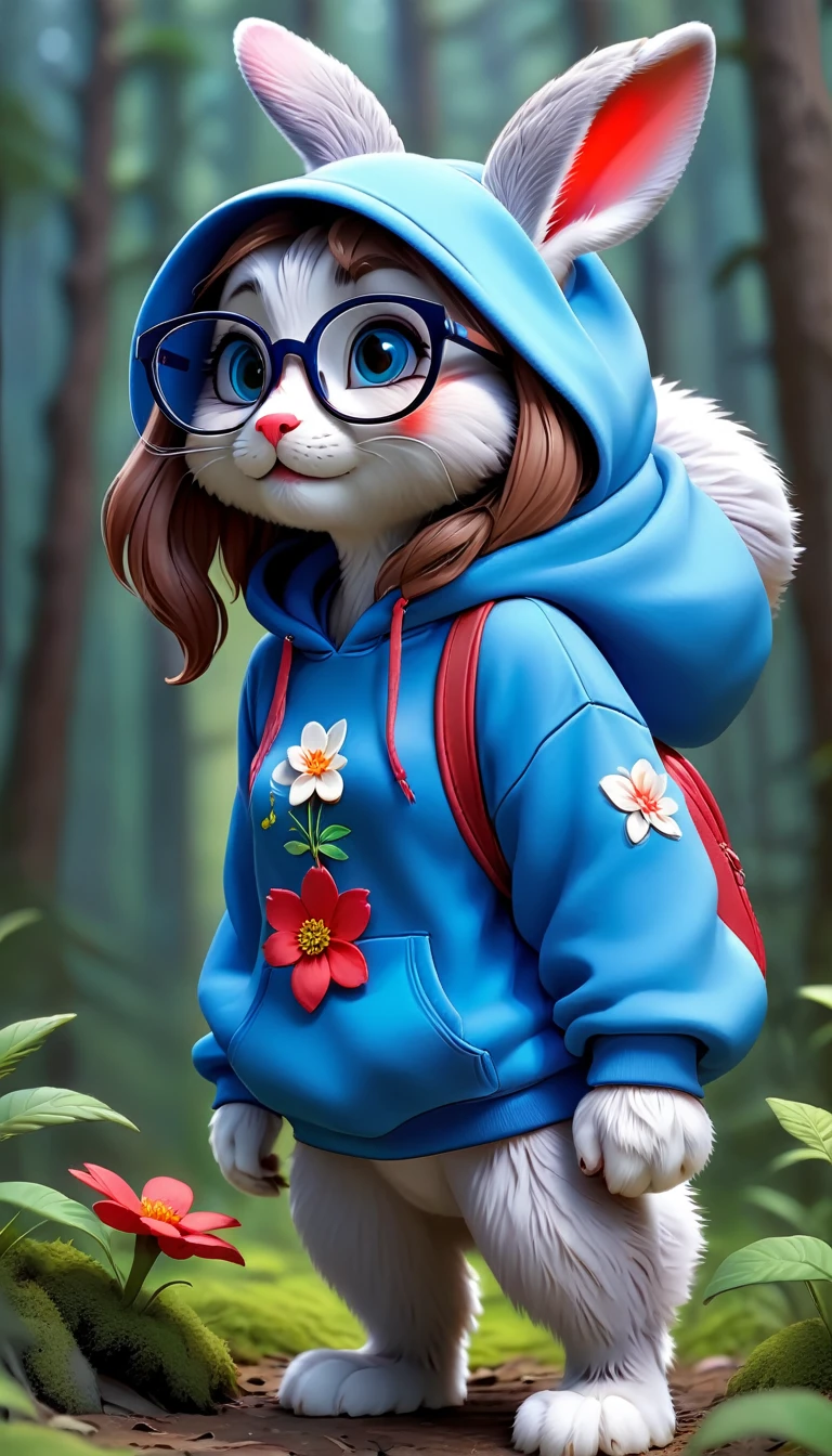 Cute rabbit，hairy，Wearing an blue hoodie,Wearing cute glasses。It is female，Because there is a bright red flower on its head.。Stroll through the forest where various animals live.,, Disney and Pixar style, cute numbers, comic characters, 3D rendering, bright lights, bright colors,High level of image quality、for a great job