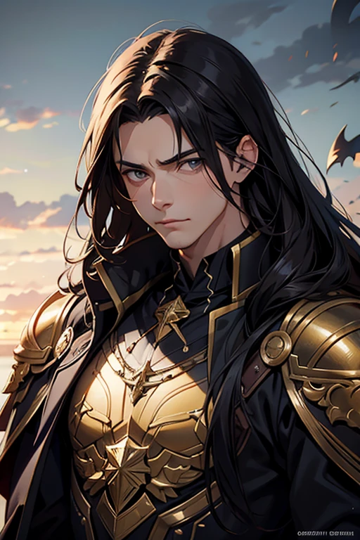 um close de um homem com cabelo negro e vestindo armadura preto, artegerm e Rossdraws, estilo artegerm, artegerm extremamente detalhado, artegerm lau, personagem dnd de rapaz humano, bonito,tom de pele branca,"demon king"masculine and virile, imposing and arrogant,senhor das trevas,in the estilo artegerm, estilo artegerm, Krenz Cushart e Artegerm, modelo uniforme | artegerm, inspirado em rossdraws