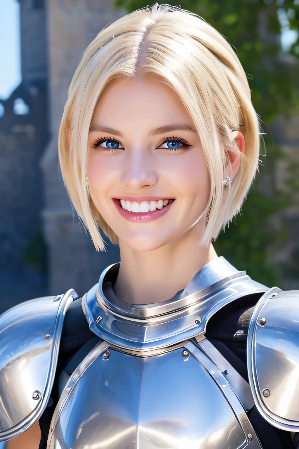 8K、highest quality、female knight、Luxurious Silver Armor、、hairstyle short cut、smile、beautiful teeth、full body photo、ear piercing、blonde、white woman、blue eyes、heavy makeup、The background is the interior of the castle..