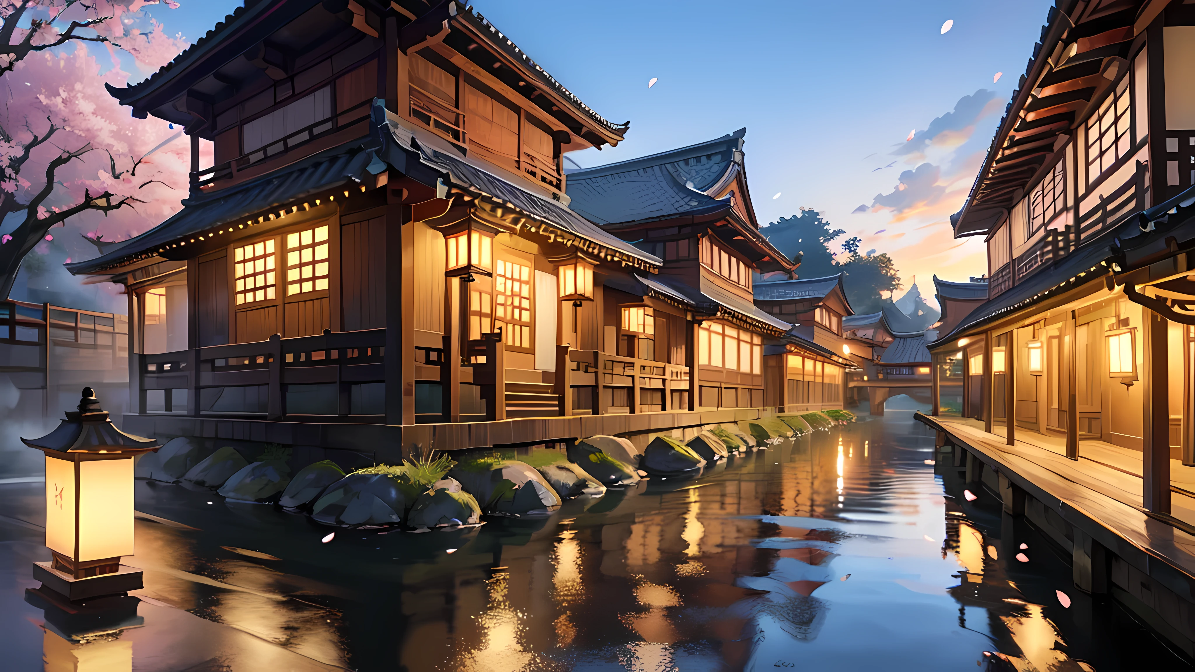 quiet streets, traditional architecture, lanterns, cherry blossom, mist, tranquil river, wooden bridges, temple rooftops, stone pathways, shadows, early morning light, nostalgic atmosphere, cultural heritage, serene gardens, traditional tea houses, kimono-clad figures,Beautiful girl taking a walk、behind、