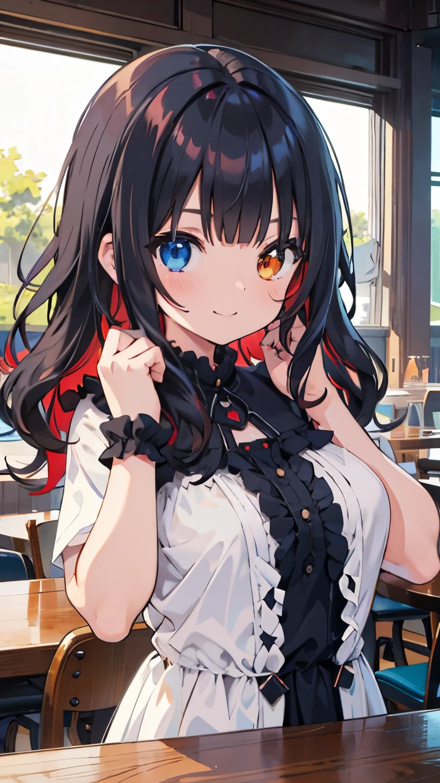 tits、glaring, smile、hands up, elbows on table, face palm、 1 girl,Heterochromia of red and blue iris, smile+Happy, medium hair, dull bangs, flipped hair, black hair, Red hair inside, (wavy hair) breasts close up, ruffle dress