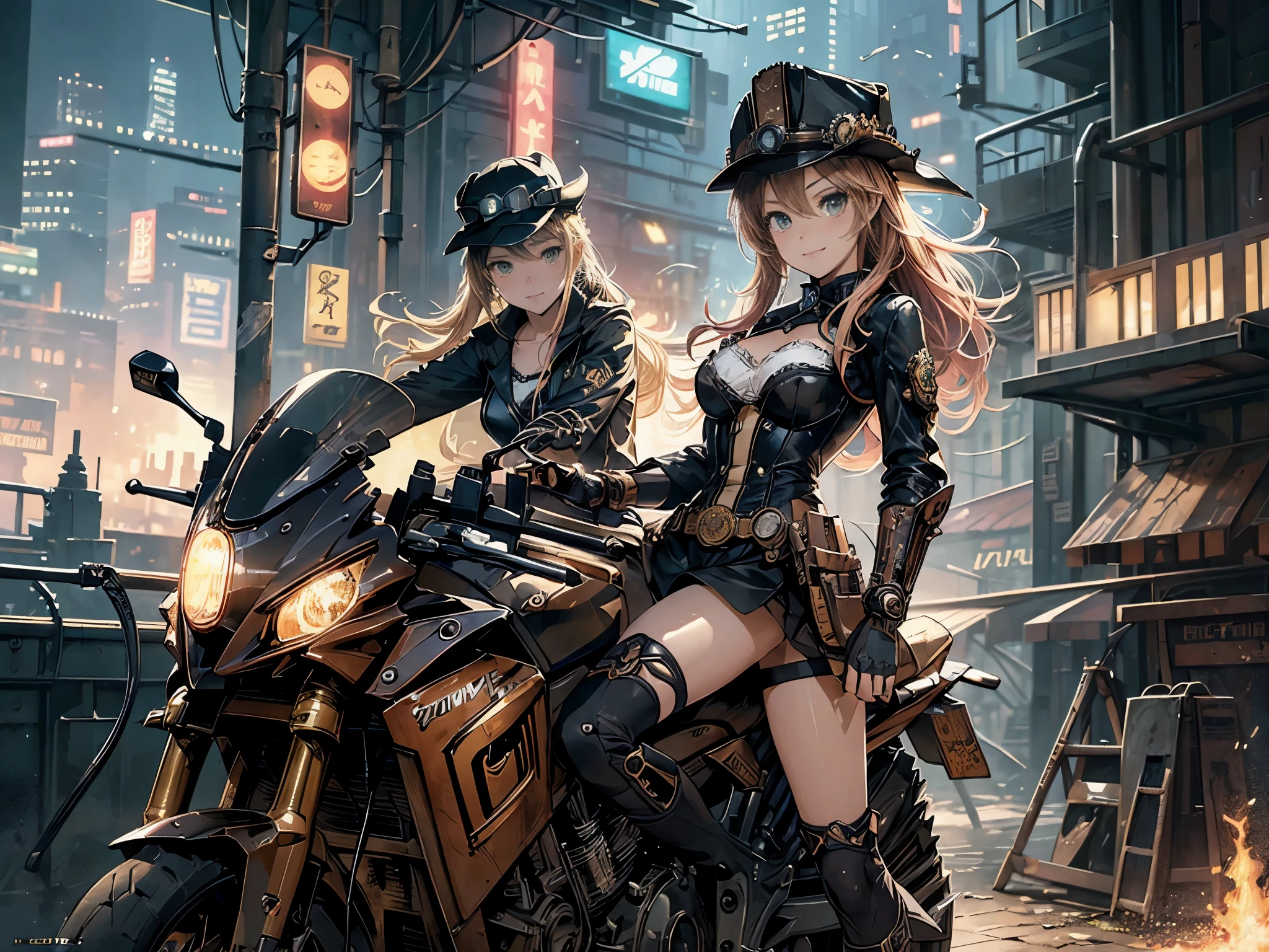 (comic book style),(line drawing_anime),(cowboy shot, highest quality, ),(Laura Budd Photos:1.2),(Laura Add Details:1.0),8K, flat color:0.8,1 girl,smile、(Steampunk bike ride 1.5)、Exquisitely decorated motorcycle、(Highly decorative and complex mechanical steampunk fashion, lace flare dolphin hat、goggles 1.5、machinery background、Gear background、Intricately mechanized steampunk cityscape 1.5),