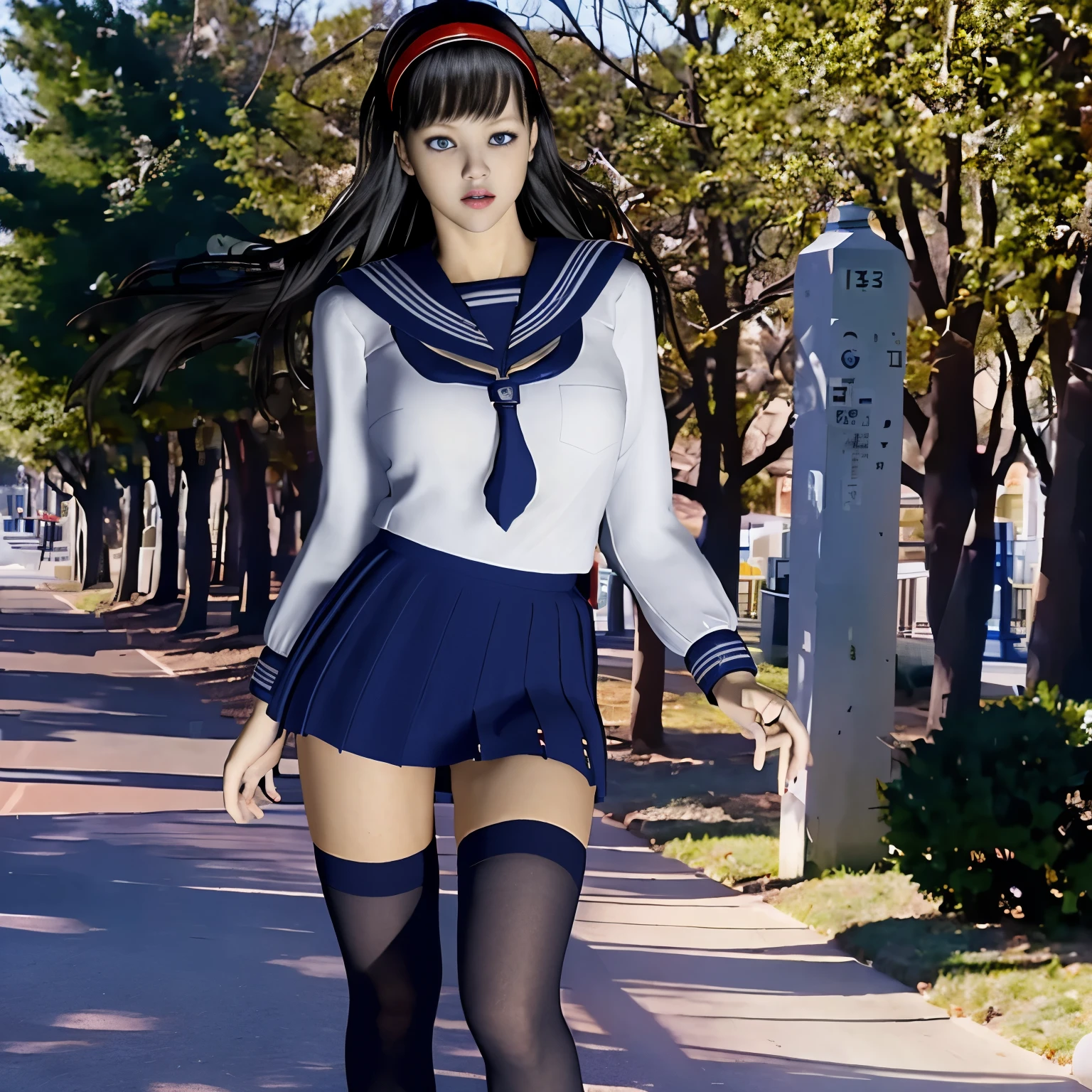 (8K, highest quality, masterpiece:1.2), (realistic, photo-realistic:1.37), Super detailed,highest quality, ultra high resolution, professional lighting, photon mapping, radio city, Physically based rendering, cinematic lighting, midnight road,Depth of written boundary, sharp focus, light, good composition,(beautiful thighs) 1 girl,alone,(whole body), ((high school girl sailor suit、navy knee socks)),fine and beautiful eyes, temporarily stop, tight waist,Japanese high school girl, black hair,messy hair,long hair fluttering in the wind,(Ulzzang-6500:1.2) mix 4, 