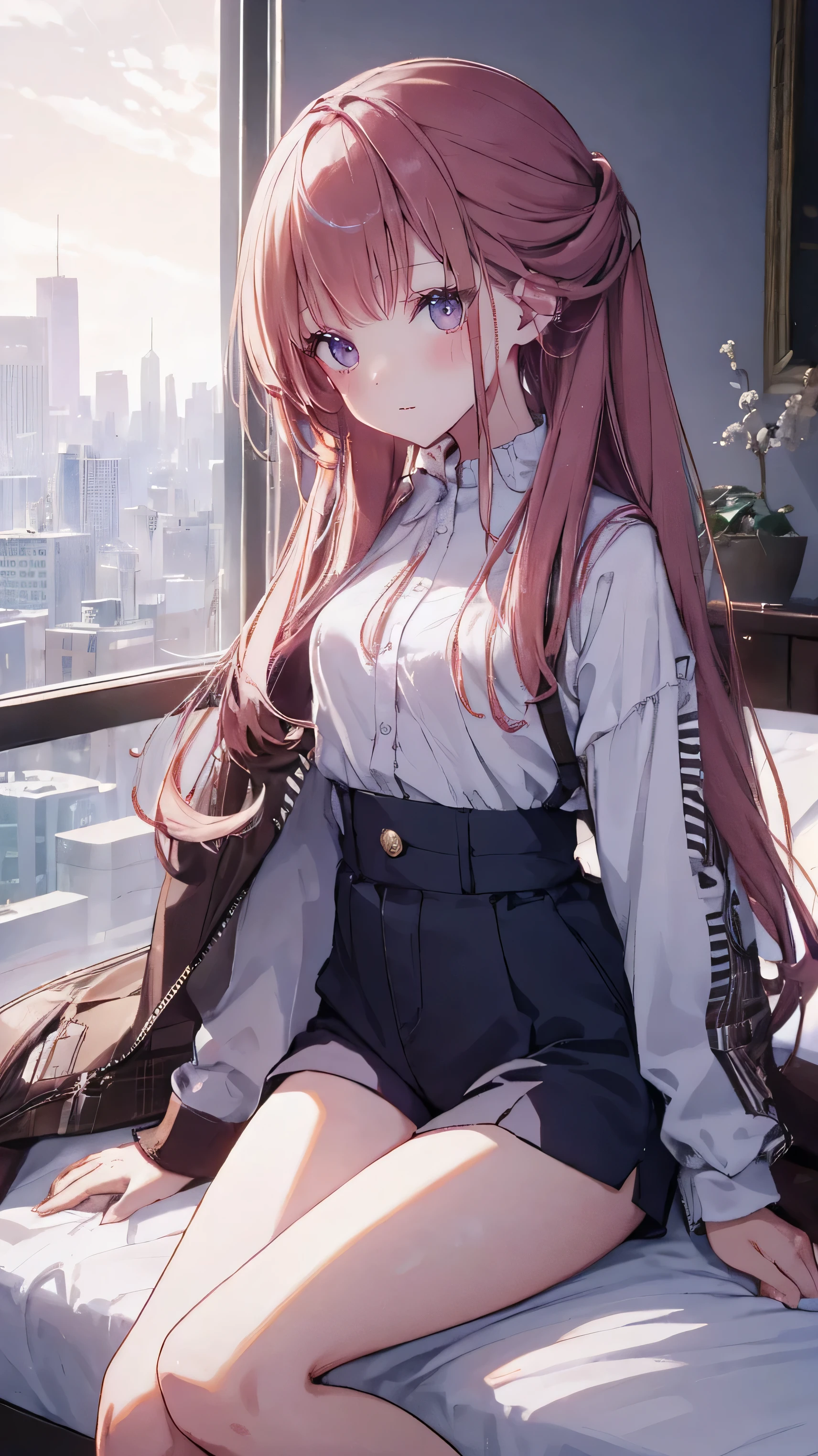master piece、Highest image quality、highest quality、 ((panic))、glossy hair quality、small face、sitting、Super detailed and beautiful bright eyes、Super detailed clear and beautiful face、(cute illustration:1.2), High-resolution, ultra-detailed, best quality, embarrassed、(Gaps in shorts)、(cute underwear)