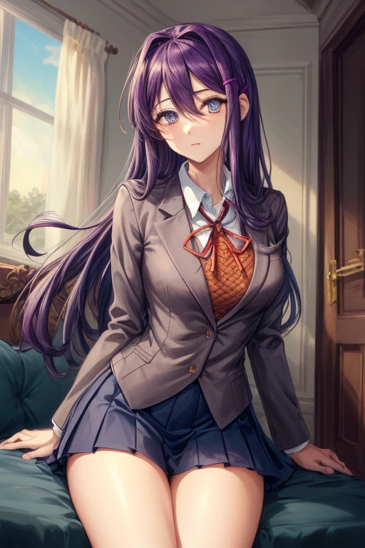 BREAK (masterpiece:1.2), best quality, high resolution, unity 8k wallpaper, (illustration:0.8), (beautiful detailed eyes:1.6), extremely detailed face, perfect lighting, extremely detailed CG, (perfect hands, perfect anatomy), ((squating)) white panties, slim body, slim legs, spread legs, best quality, anime, highly detailed, cowboy shot, 1girl, solo, yuri, purple hair, purple eyes, long hair, hair between eyes, hairclip, , blazer, brown sweater, collared shirt, neck ribbon, blue skirt, black socks, kneeling:1.3, hotel room, BREAK (masterpiece:1.2), best quality, high resolution, unity 8k wallpaper, (illustration:0.8), (beautiful detailed eyes:1.6),