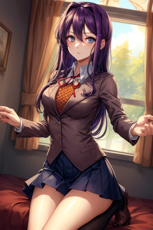 2d, masterpiece, ((kneeling)) looking back, white panties, best quality, full body, full pose, anime, highly detailed, cowboy shot, 1girl, solo, yuri, purple hair, purple eyes, long hair, hair between eyes, hairclip, school uniform, blazer, brown sweater, collared shirt, neck ribbon, blue skirt, thights, black pantyhose, black school shoes, legs smile, living room, ((point of view down)) ((point of view from floor))