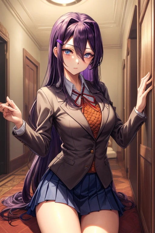 BREAK (masterpiece:1.2), best quality, high resolution, unity 8k wallpaper, (illustration:0.8), (beautiful detailed eyes:1.6), extremely detailed face, perfect lighting, extremely detailed CG, (perfect hands, perfect anatomy), ((squating)) white panties, slim body, slim legs, spread legs, best quality, anime, highly detailed, cowboy shot, 1girl, solo, yuri, purple hair, purple eyes, long hair, hair between eyes, hairclip, , blazer, brown sweater, collared shirt, neck ribbon, blue skirt, black socks, kneeling:1.3, hotel room, BREAK (masterpiece:1.2), best quality, high resolution, unity 8k wallpaper, (illustration:0.8), (beautiful detailed eyes:1.6),