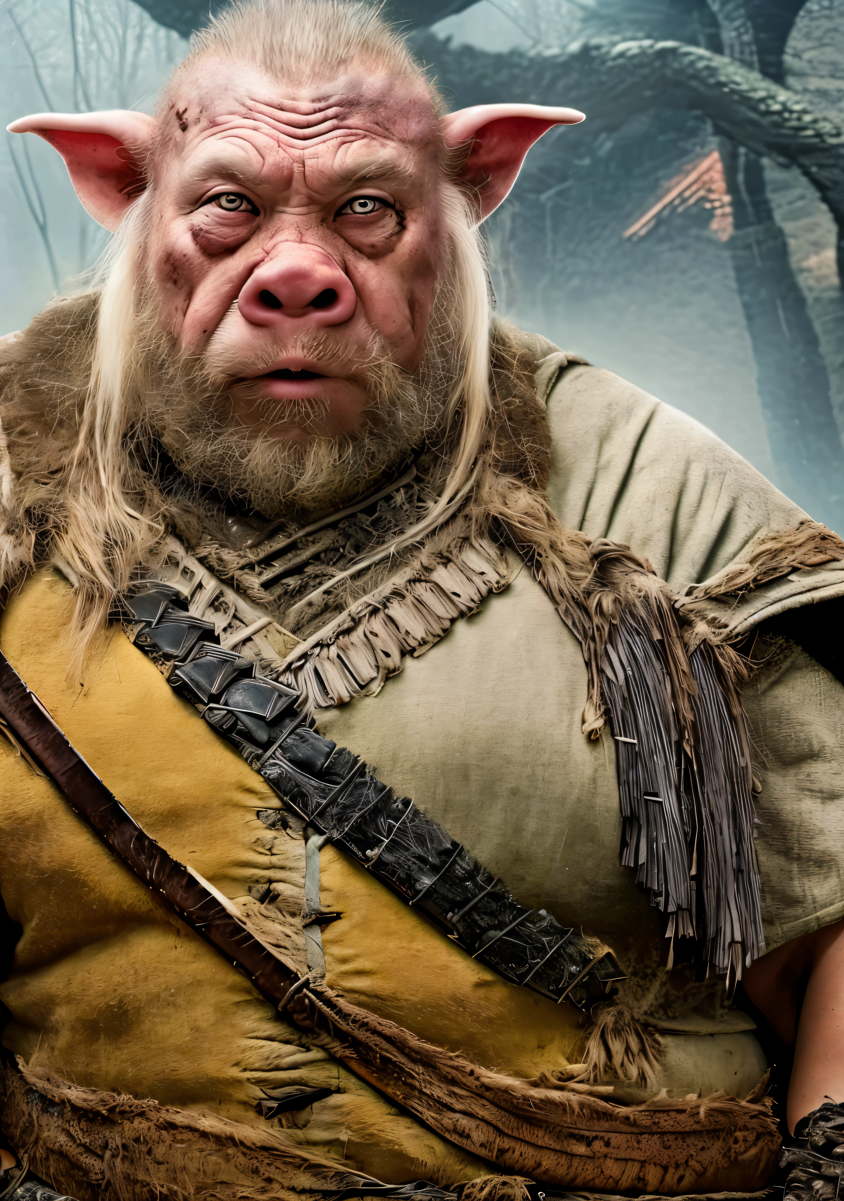 Close-up cleavage：Pig Man mixed blood warrior photo，8K，Legend of Zhu Bajie，There are scars on the face，Expressions of anger，Chop on the hand，epic fantasy, whole body, man, Bulky, strong man, Ankle wrap, Hairy torso, Strong hands, fine detailed, Gladiator, With sword, blade, 8K, 8K