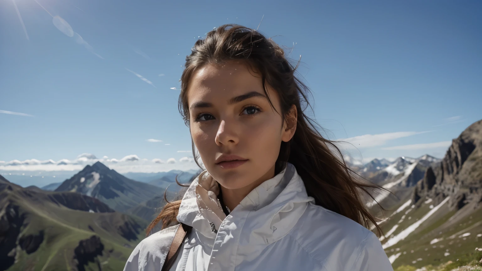 Describe a woman standing on top of a mountain, ses cheveux flottant dans le vent, une expression déterminée sur son visage.