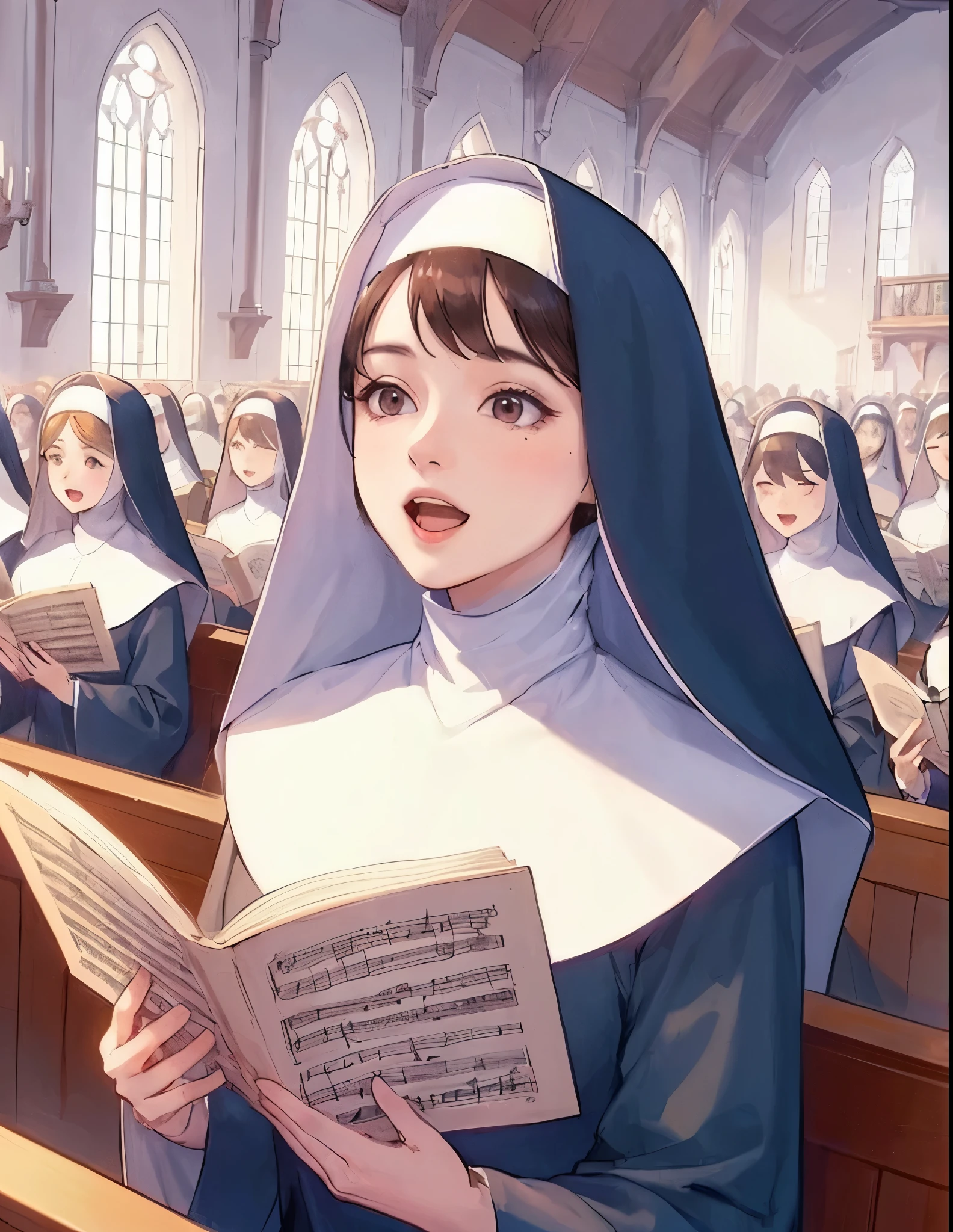 1lady sitting, singing, (nun outfit), wimple, mature female, /(dark brown hair/) bangs, light smile, (open mouth), (masterpiece best quality:1.2) delicate illustration ultra-detailed BREAK (holding sheet music), (cross:1.2), (rosery hanging from neck) BREAK ((modest chapel:1.2) in monastery), indoors, multiple ladies, crowded, noon, detailed background