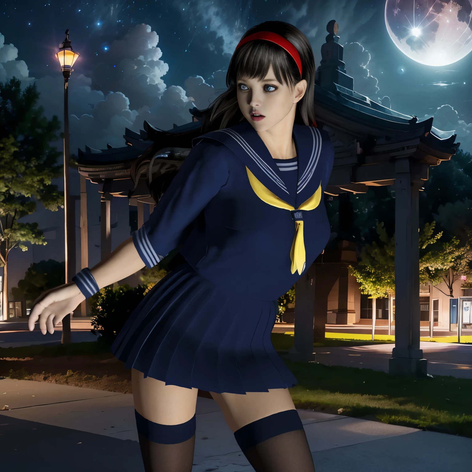 (8K, highest quality, masterpiece:1.2), (realistic, photo-realistic:1.37), Super detailed,highest quality, ultra high resolution, professional lighting, photon mapping, radio city, Physically based rendering, cinematic lighting, midnight road,Depth of written boundary, sharp focus, light, good composition,(beautiful thighs) 1 girl,alone,(whole body), ((high school girl sailor suit、navy knee socks)),fine and beautiful eyes, temporarily stop, tight waist,Japanese high school girl, black hair,messy hair,long hair fluttering in the wind,(Ulzzang-6500:1.2) mix 4,