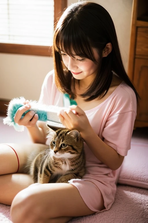 A super beautiful Japanese woman playing with a kitten