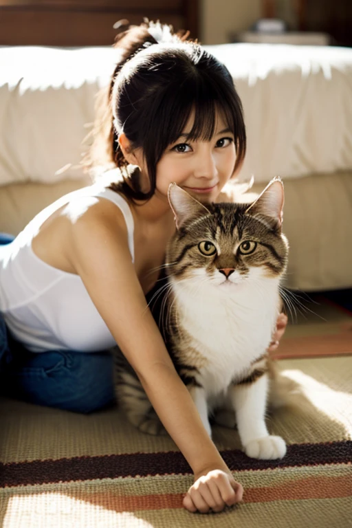 A super beautiful Japanese woman playing with a kitten