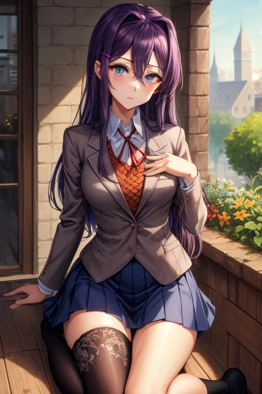 2d, masterpiece, white panties, slim body, slim legs, spread legs, best quality, ((full body)), full pose, anime, highly detailed, cowboy shot, 1girl, solo, yuri, purple hair, purple eyes, long hair, hair between eyes, hairclip, , blazer, brown sweater, collared shirt, neck ribbon, blue skirt, black pantyhose:1.2, black laofers:1.2, clenched hands, smile, squatting:1.3, garden background,