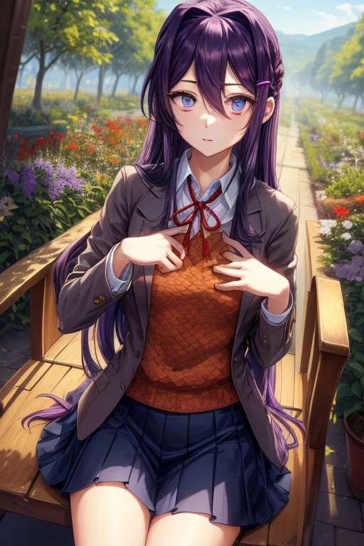 2d, masterpiece, white panties, slim body, slim legs, spread legs, best quality, highly detailed, cowboy shot, 1girl, solo, yuri, purple hair, purple eyes, long hair, hair between eyes, hairclip, , blazer, brown sweater, collared shirt, neck ribbon, blue skirt, black stockings:1.2, black laofers:1.2, clenched hands, smile, squatting:1.3, garden background,