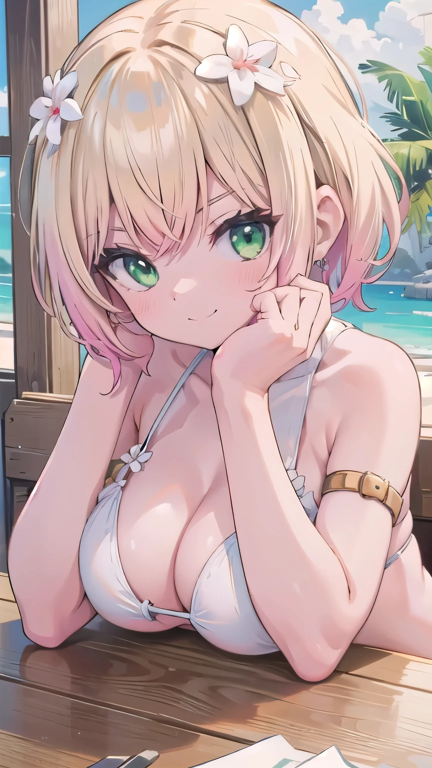 tits、glaring, smile、hands up, elbows on table, face palm、breasts close up, (((white bikini)))