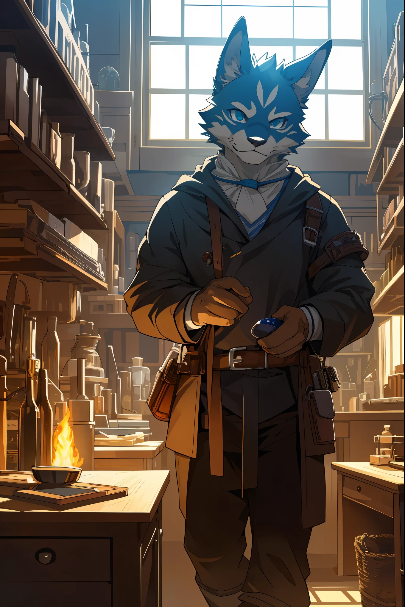 cover page, highres, top quality, best quality, paid reward available, unparalleled masterpiece, perfect artwork, absurdres, High-quality illustrations, super high resolution, detailed background, perfect anatomy(1boy, solo, kemono, furry anthro, alchemist, Experimenting)many pottery, in room with many windows, in cluttered lab, in steampunk laboratory, fantasy alchemist laboratory, weapon shop interior, cinematic lighting,