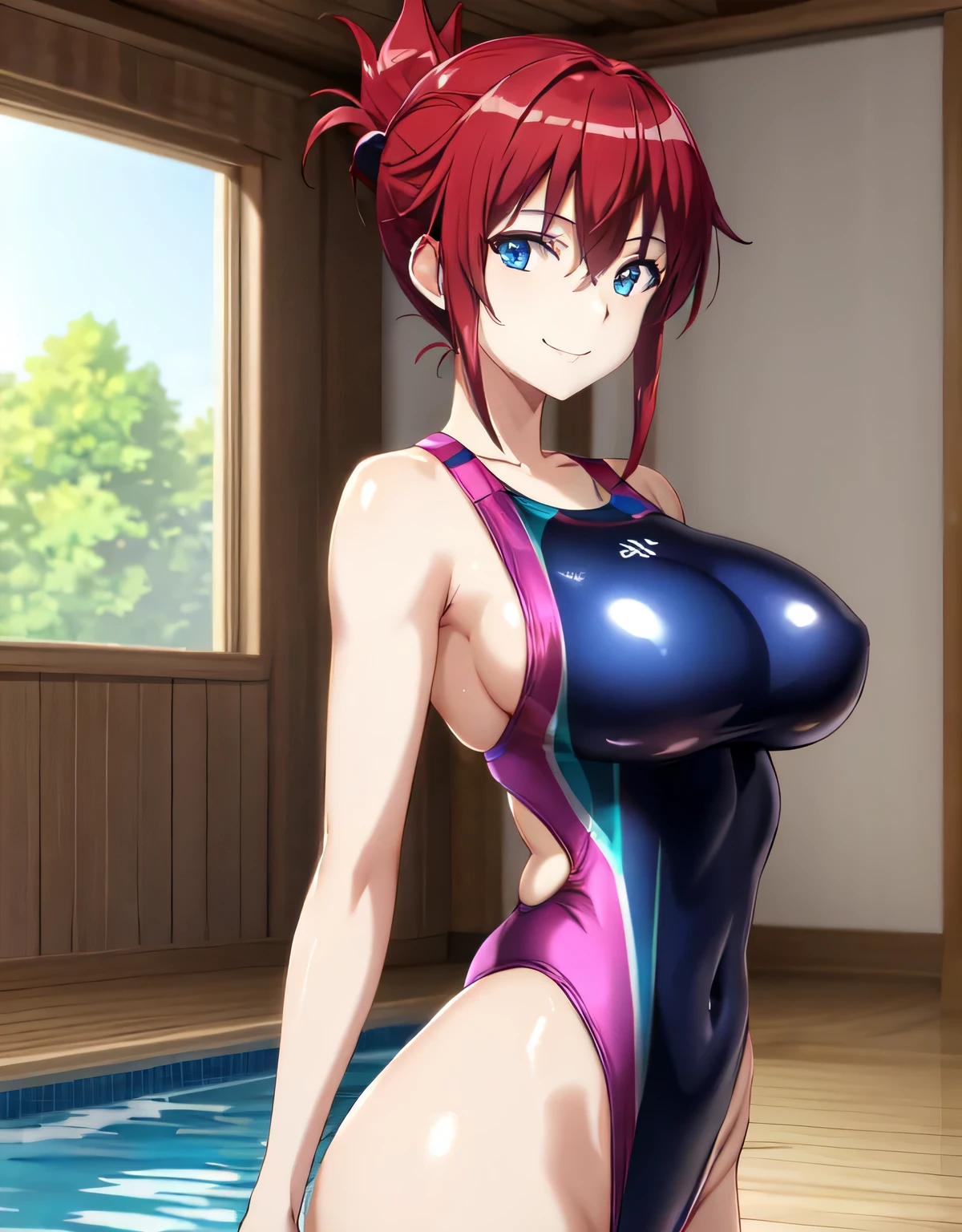 sakurai aoi rw,smile,(blue eyes),red hair,(short hair),folded ponytail,indoor pool,(large breasts:1.5),(shiny,hair),((solo)),((masterpiece)),((best quality)),perfect anatomy,slim waist,perfect image,8k UHD,(beautiful detailed eyes:1.5),extremely detailed face,standing,(upper body:1.2),(look at the front:1.4),arms behindback,ultra-detailed,absurdres,highres,(shiny Competition swimsuit:1.2),light smile,(latex),