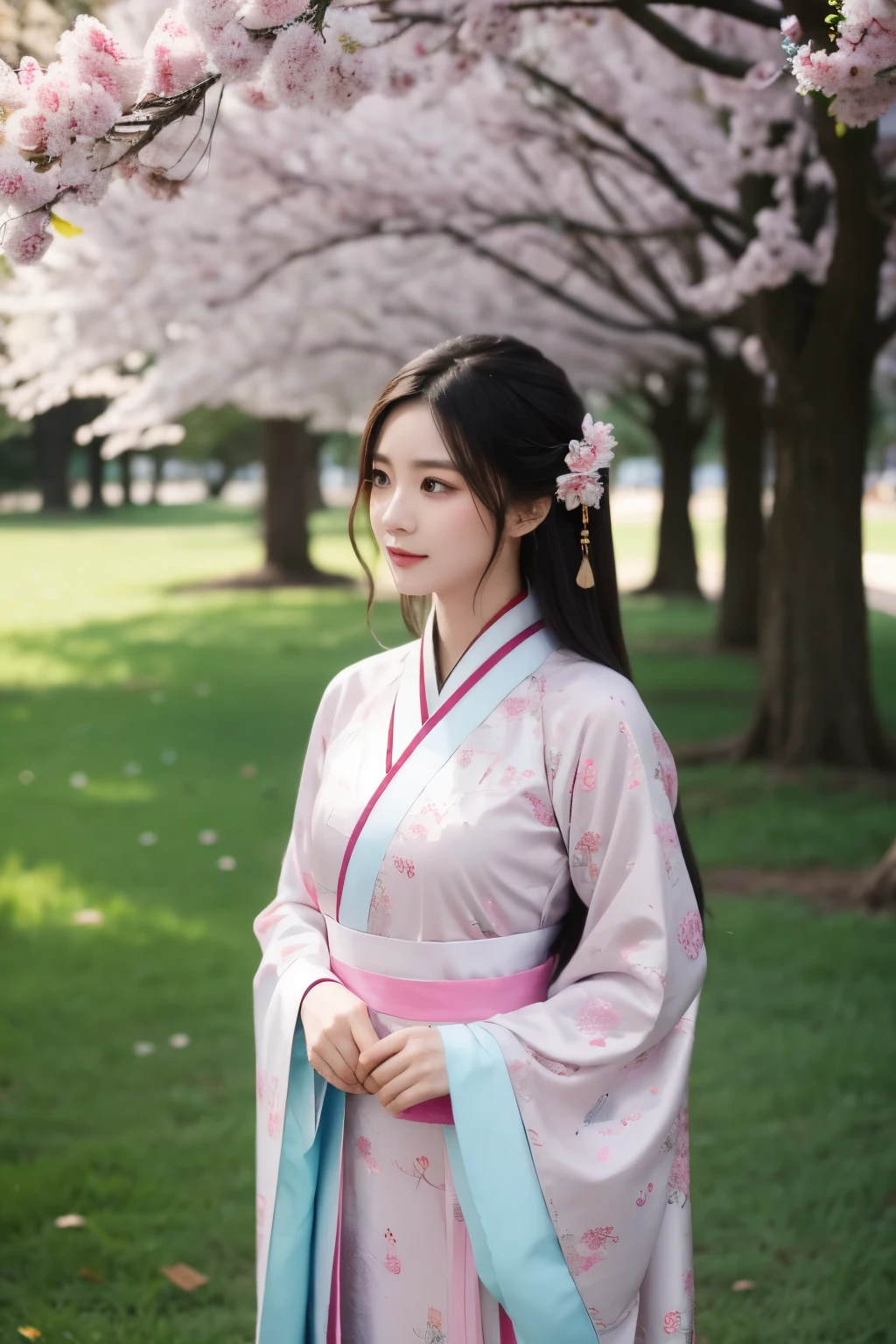 best quality, masterpiece, soft light, 1girl, solo, ,hanfu, chinese traditional dress,in park