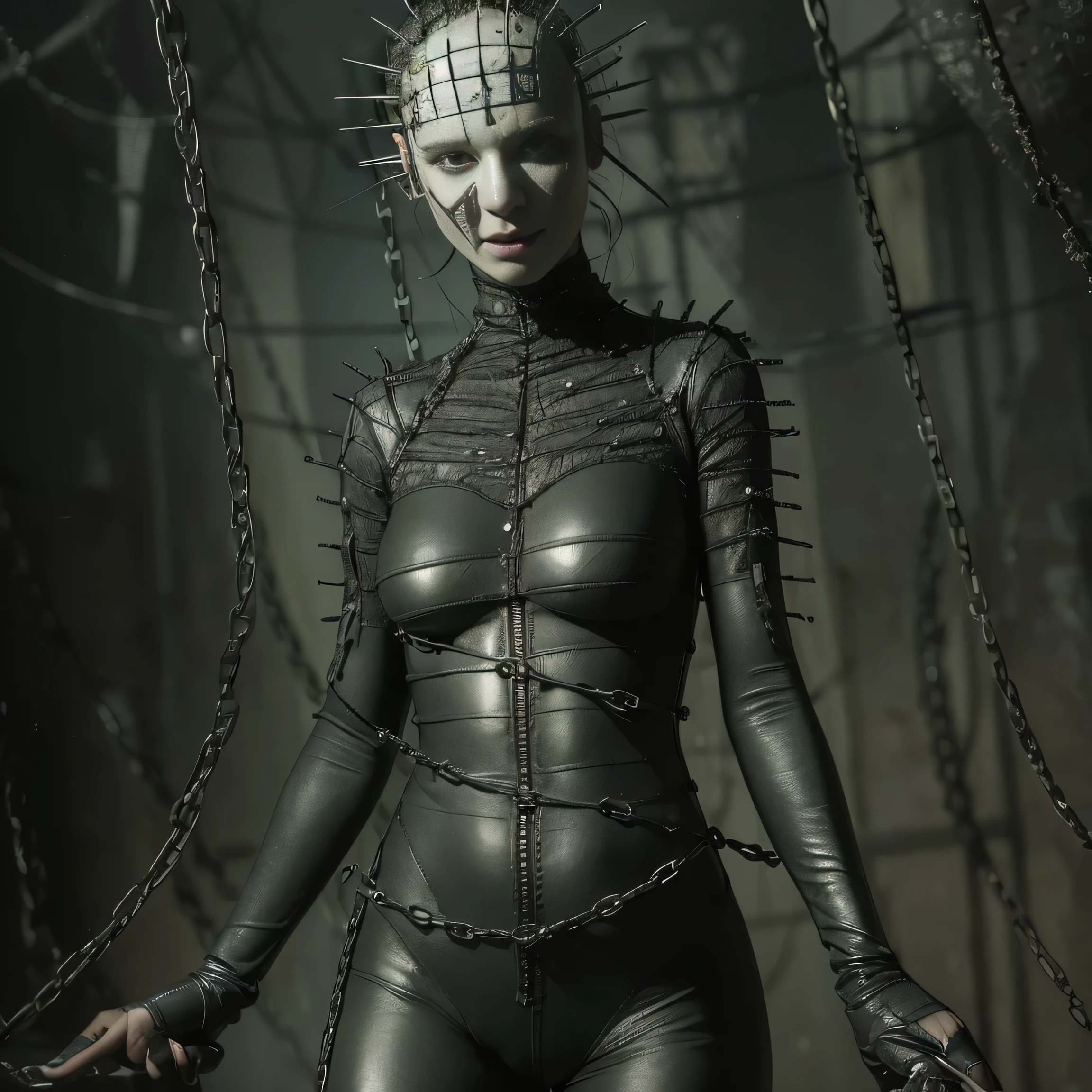 Female Pinhead from Hellraiser, perfect body, black eyes, full bod shot, skin-tight BDSM bodysuit, chains, black leather, sexy look, small breasts, flat chest, smile, slim, thin waist, thin thighs, thin arms