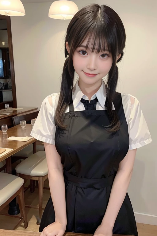 (highest quality,masterpiece:1.3,ultra high resolution,),(Super detailed,caustics),(Photoreal:1.4,RAW shooting,)ultra-realistic capture,very detailed,High resolution 16K human skin close-up。 natural skin texture、,The pores are、、、、、Must be detailed enough to be easily identified。 Skin should look even-toned and healthy。 Use natural light and color,restaurant,waitress uniform,1 girl,Japanese,18-year-old,cute,black haired,twin tails,big breasts,smile,turn your body forward,(Front view:1.1),look at the camera,cowboy shot,Pussy,Pee,Pee