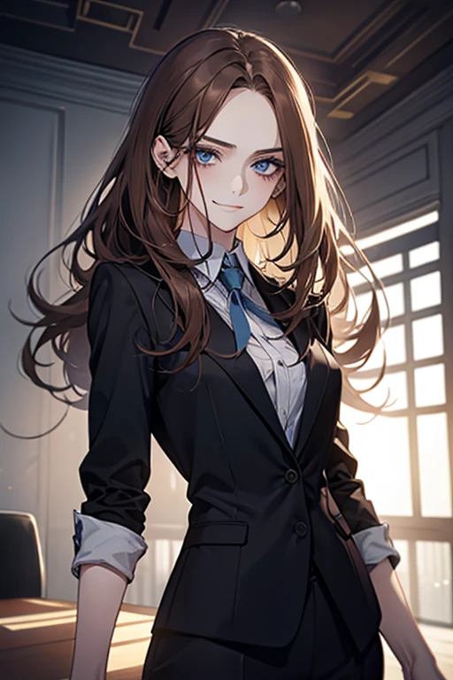 (highest quality,High resolution,Super detailed),1 girl, Beautiful and detailed light blue eyes, brown hair, cold smile,Resentment,Resentful,Straight long hair tied back, wearing a black suit, mature woman, 25 years old,Cruel smile, calm and calm, slender body shape, pale complexion, thin, calm, in the conference room.secretary
