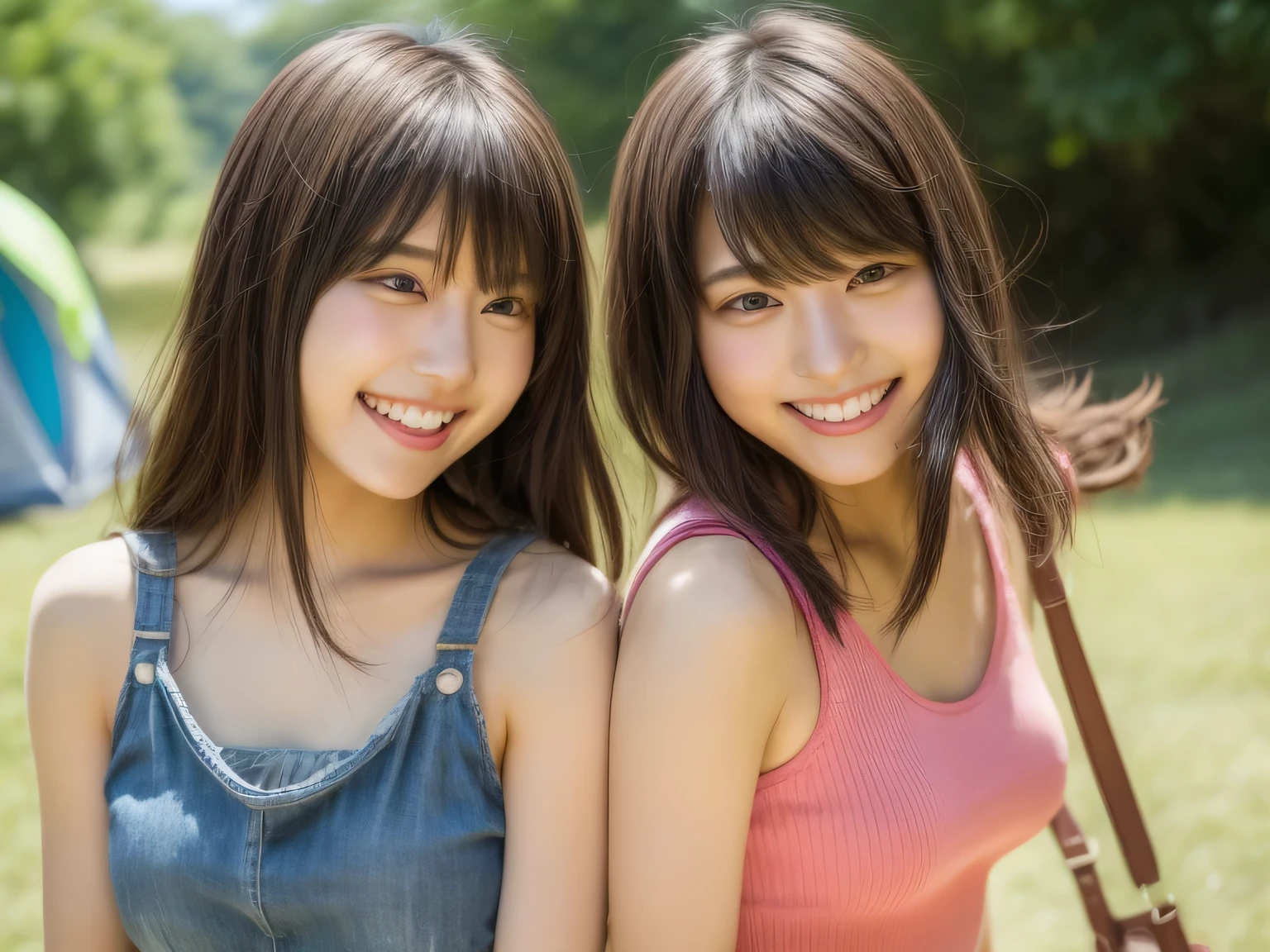 identical twin sisters、K-POPアイドル、With bangs、women sexy、laughter、Tank top、Carrying a rucksack、shorts、espadrilles、At the campsite