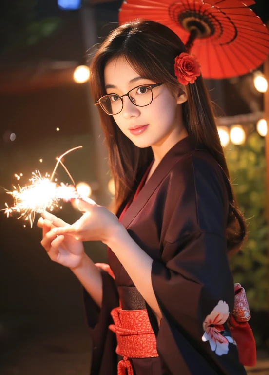 (best quality, 4K, masterpiece :1.3), detailed, beautiful, insanely detailed, absurdres, perfect anatomy, Thai beautiful girl, 22 years olds, (slender), (big breasts:1.0), Super detailed face, Detailed lips, wear glasses, long light brown hair, wear red flower yukata, playing with sparklers, in the night of Japanese festival. Background is a Japanese festival in asakusa temple, full body shot, random pose.