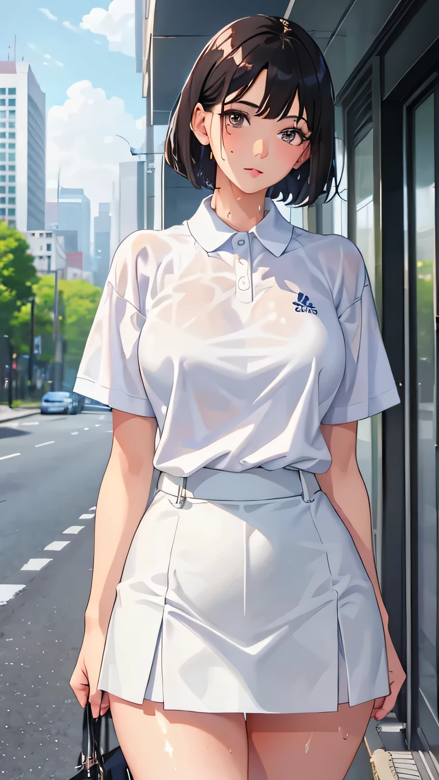 1 girl, solo, white polo shirt, white sneakers, tennis wear, white mini skirt, master piece, best quality, Realistic, super detailed, (shiny skin, sweaty:1.4), looking at the viewer, with short black hair, with brown eyes,Thinness,dynamic light and shadow,High resolution,sharp focus,Depth of the bounds written,eyes are delicate,sharp pupils,realistic student,(thick thighs:1.0),outside the house,sky sky