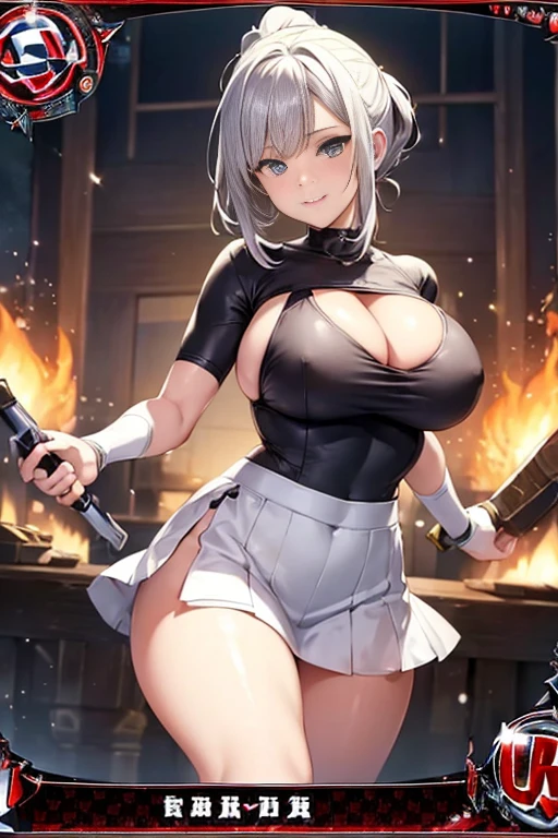 (trading card game frame:1.7),A glowing cyber girl with a cybernetic arm,(JWomen's Uniform,sailor suit,white skirt,),intense body movements,Add motion blur effects to simulate motion,Standing on the road of a devastated battlefield.surrounded by a wire network. Surrounded by a network of orange LED circuits. (Cyber girl with glowing orange sword:1.3), shiny silver short hair,messy ponytail,,cute smile,perfect round face,black eye,A cheerful smile that makes the viewer happy,proper body proportions,intricate details,very delicate and beautiful hair,realistic pictures,dream-like,professional lighting,realistic shadow,focus only,beautiful hands,beautiful fingers,Detailed functions of fingers,Detailed clothing characteristics,Detailed characteristics of hair,detailed facial features,highest quality,Ultra high resolution output image,) ,(8K quality,),(Image mode Ultra HD,),(Image mode Ultra HD,),(sea art 2 mode.1:1.3),science fiction fantasy、camel toe、huge tit、Nipple Puffs、cleavage、Plump、Super big breasts、super big butt