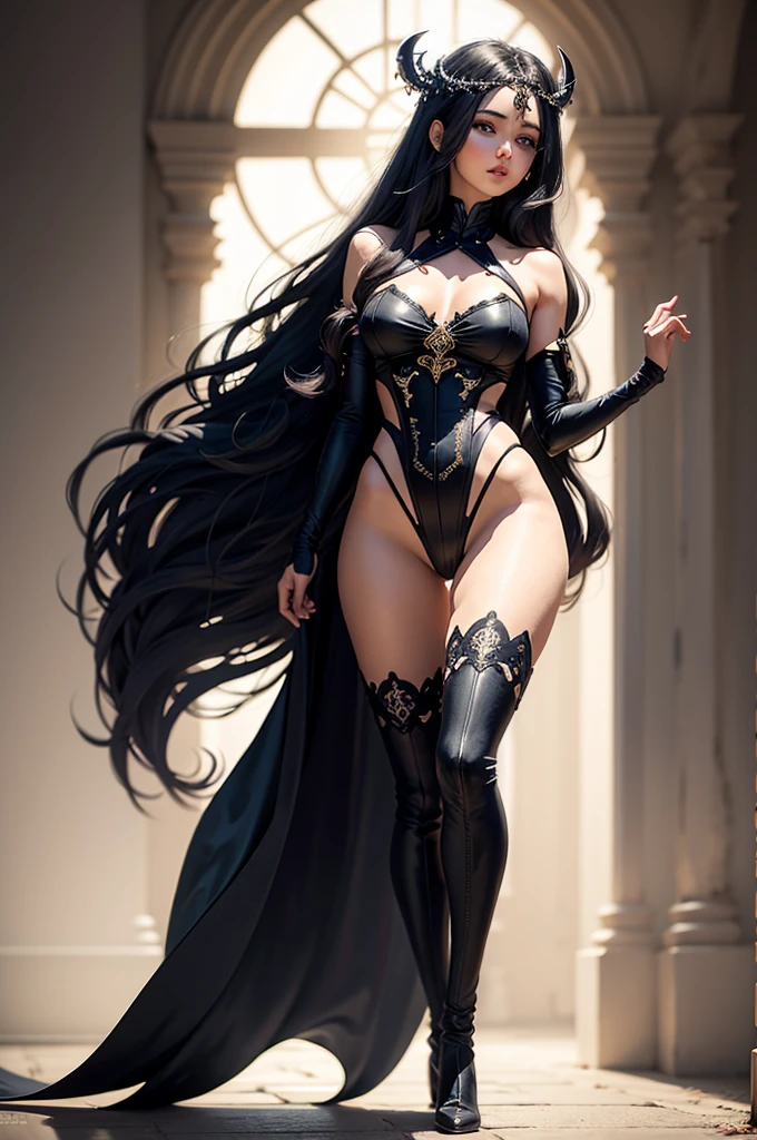 A goddess of love, 165cm tall, 40kg in weight, with long fluffy black hair and delicate features, wearing flashy makeup. She is slender, with small breasts. She has a beautiful figure. Her eyes are slightly narrowed, from the front to the toes. She is naked, with no clothes or underwear on her upper and lower body, like a demon, wearing long boots up to her thighs. Dark. Artistic and high resolution. ,