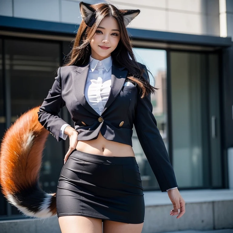 ((highest quality, 32k)), ((masterpiece)), (Get used to it), Perfect Face, Fox Girl, Beautiful woman, public, There is a tail, she has a fox tail, She wags her fluffy tail, smile, collar, She wears a business suit, Beautiful hip line, A tail sticking out from a business suit, Big Breasts