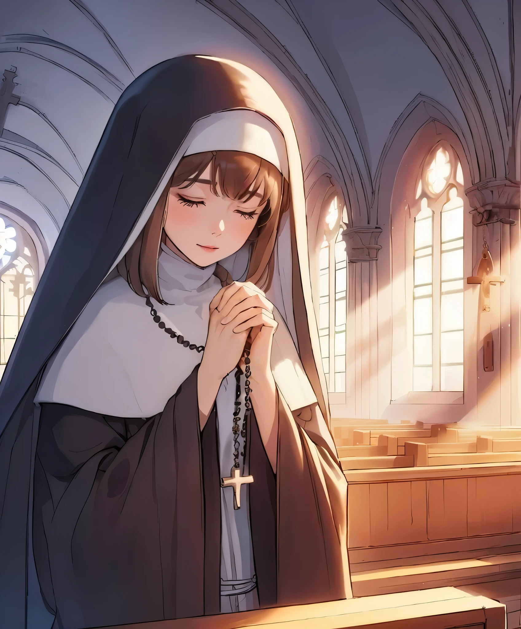 1lady solo, praying, (bringing hands together:1.2), (nun outfit), wimple, mature female, /(beige brown hair/) bangs, (eyes lightly closed), (light smile:0.6), (masterpiece best quality:1.2) delicate illustration ultra-detailed BREAK (holding rosary:1.2), (cross:1.2), (rosery hanging from neck), beads string BREAK ((modest chapel:1.2) in monastery), indoors, noon, detailed background