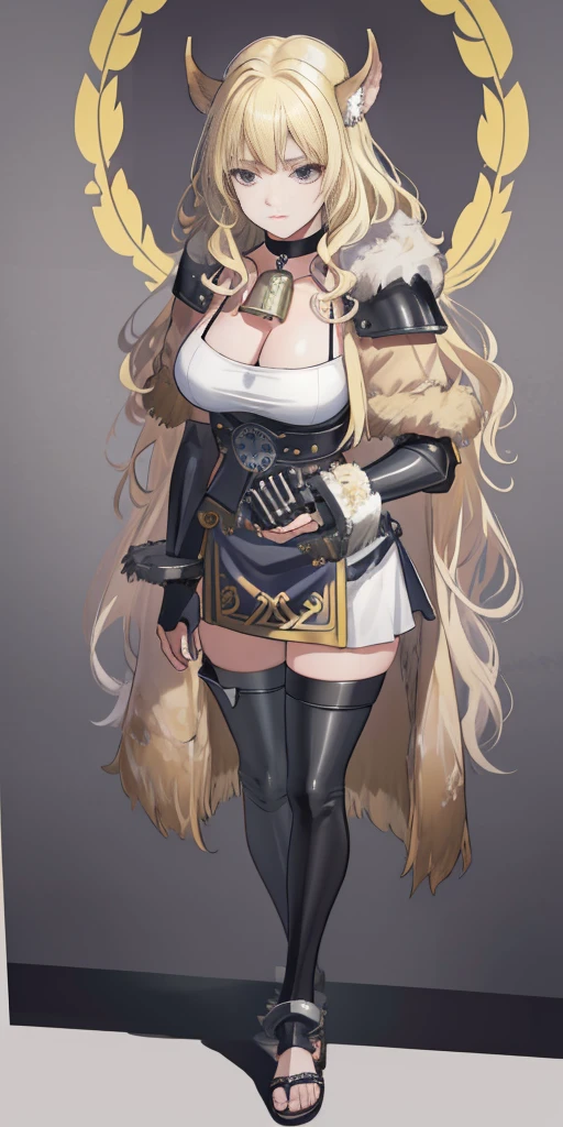 standing straight symmetrical, full body, solo girl looking to the camera, beautiful woman, viking warrior, fur cloak, armor, blonde hair, wavy hair, (closeup, portrait shot), (solo), realistic, cow bell choker, metal sandals, black thigh highs
