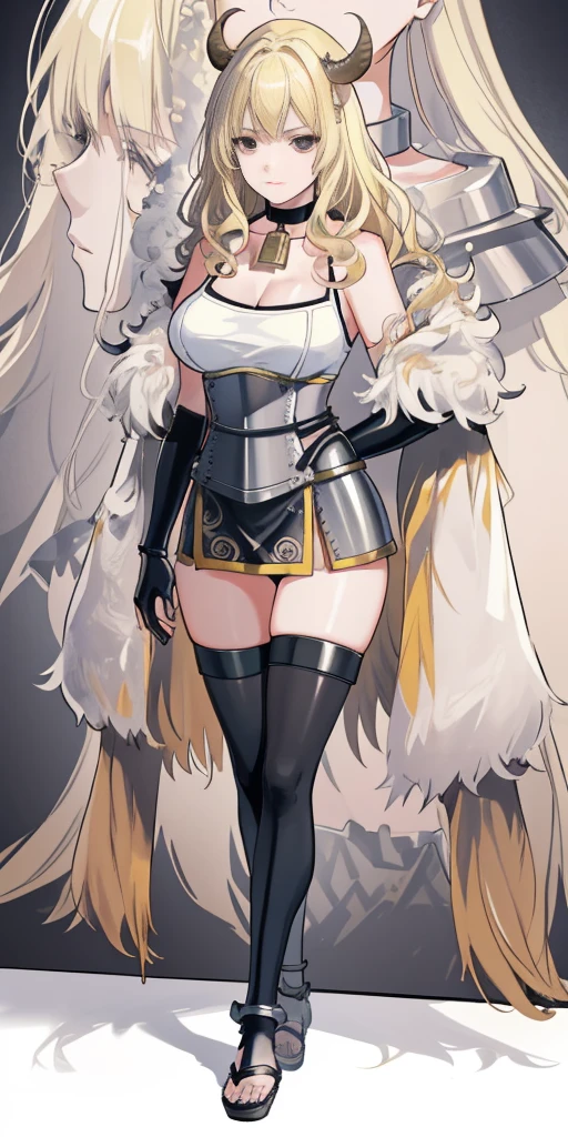 standing straight symmetrical, full body, solo girl looking to the camera, beautiful woman, viking warrior, fur cloak, armor, blonde hair, wavy hair, (closeup, portrait shot), (solo), realistic, cow bell choker, metal sandals, black thigh highs