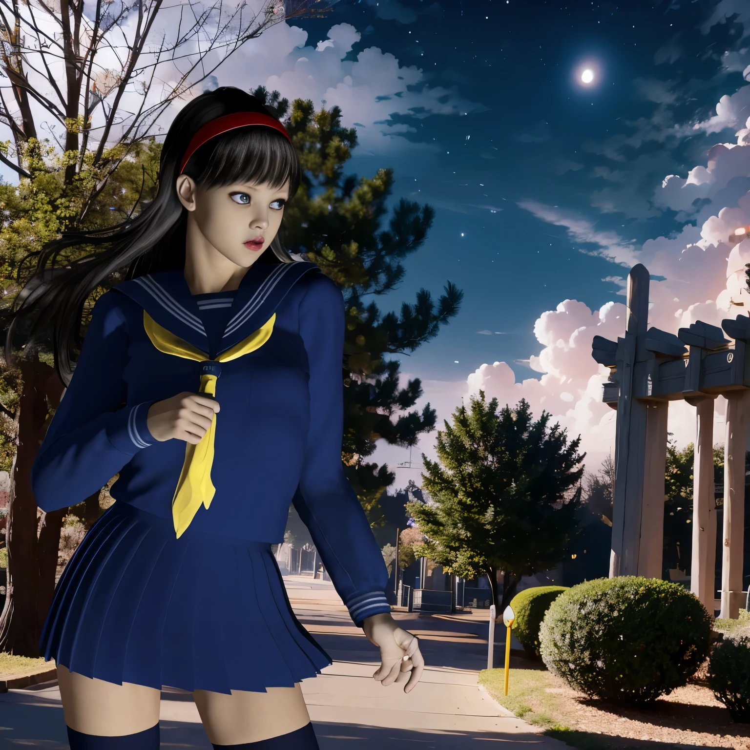 (8K, highest quality, masterpiece:1.2), (realistic, photo-realistic:1.37), Super detailed,highest quality, ultra high resolution, professional lighting, photon mapping, radio city, Physically based rendering, cinematic lighting, midnight road,Depth of written boundary, sharp focus, light, good composition, 1 girl,alone, ((high school girl sailor suit、navy knee socks)),fine and beautiful eyes, temporarily stop, tight waist,Japanese high school girl, black hair,messy hair,long hair fluttering in the wind,(Ulzzang-6500:1.2) mix 4,