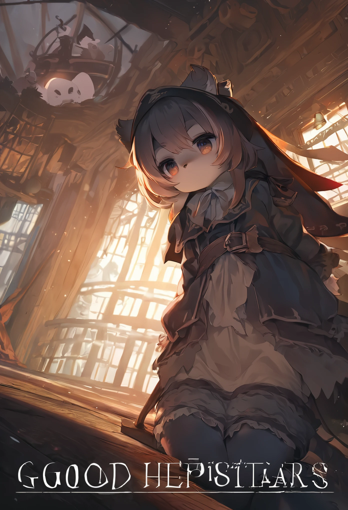 cover page, highres, top quality, best quality, paid reward available, unparalleled masterpiece, perfect artwork, absurdres, High-quality illustrations, super high resolution, detailed background, perfect ???????(1girl, kemono, furry anthro, kemono, sleepy eyes)Hospitals with power outages, Spooky creatures, Pirate Ship, a pirate, good lighting, cinematic shadow