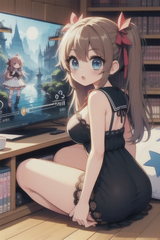 (((masterpiece))), (((highest quality))),  (((From the side))), (((Play video games))), ((RPG game interface on TV)), Manga Bookshelf, ((PlayStation)), alone, A girl sitting on a sofa, wooden floor, ribbon, brown twintails, black lace dress, CD, doll, table, poster, window,,  、camel toe、huge tit、Nipple Puffs、cleavage、Plump、Super big breasts、super big butt