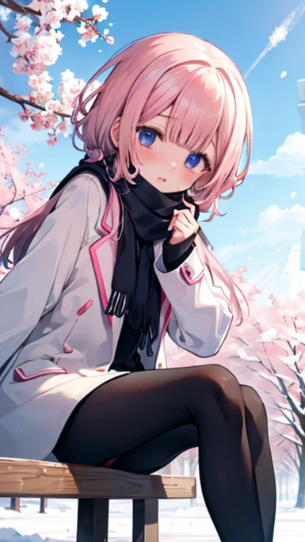 、Peep、A sneak peak、Shyness、blush、embarrassing、blush、peak、、sit with legs stretched out、bench、顔をscarfで隠す、wear a coat、snow原、snow像、snow、cold、scarf、scarfを巻く、降snow高解像度、Full HD、8K quality、、、droopy eyes、、、eye highlights、lively eyes、clear eyes、beautiful eyes、、口元をscarfで覆う、、look down、avert your eyes、embarrassing、blush、、View from an angle、Side and angle view、、eye highlights、、、eye highlights、めちゃくちゃbeautiful eyes、Black tights with pink lines