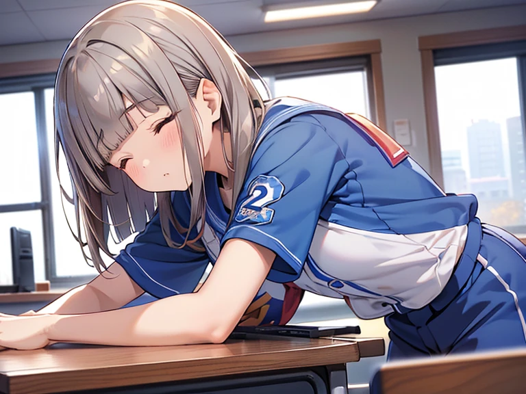 (watching tv), YOKOHAMA DeNA Baystars, 1 pretty girl, solo, ((Blunt bangs)), brown hair, brown eyes, medium hair, ((silver-star-hairpin on her right bang)), ((blue stripe baseball uniform)), (Uniform no.2:1.5), cowboy shot, (from side:1.2), (sigh:1.3), (closed eyes:1.2), (fall down on the desk:1.2),