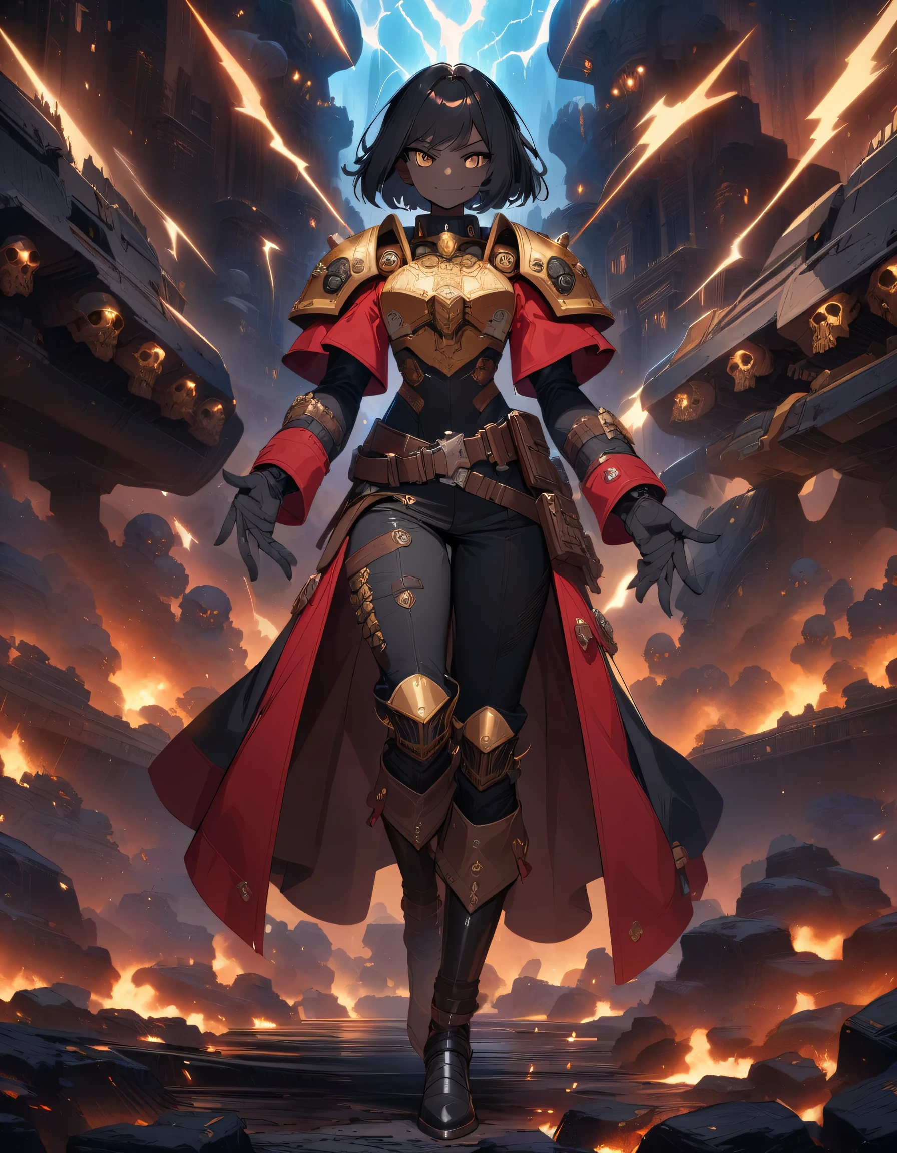 anime - style, (masterpiece:1.2, best quality:1.1), HD, best illustration, intricate details, 8K, anime - style, Masterpiece, best quality, 8k, wallpaper, spaceship bridge, sci-fi, Black Woman, Black Skin, 1_woman, full body, looking at camera, Black hair, (very short hair:1.3), brown eyes, wearing leather body armor, black gloves, tall leather boots, belts, tubes, Warhammer 40k, Detailed Face, Detailed, Intricate Details, Detailed Eyes, (Dark Skin:1.3), black pants, Science Fiction, Futuristic, body armor, smirk, light armor, coat, skulls, lightning from hands, lightning spell,