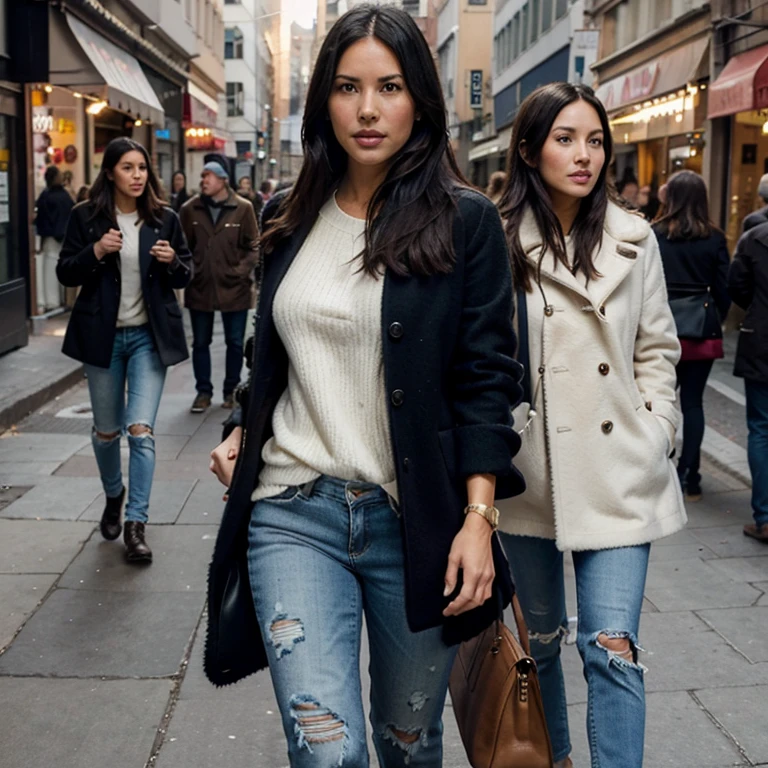 Olivia Munn dressed in wool jacket with ripped jeans