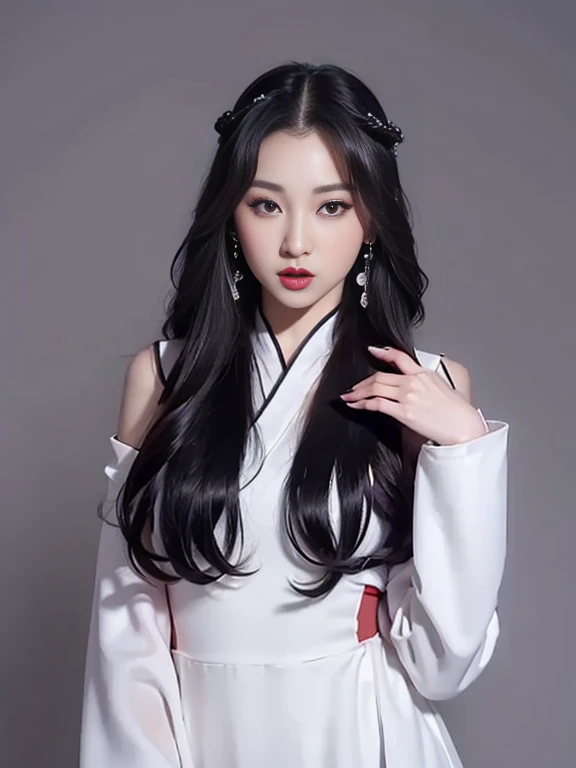 changexianzi,cexz3,1girl,solo,long hair,looking at viewer,simple background,black hair,hair ornament,long sleeves,white background,dress,jewelry,upper body,earrings,sky,wide sleeves,white dress,black eyes,lips,see-through,makeup,night,facial mark,chinese clothes,moon,lipstick,full moon,hair rings,shawl,forehead mark,realistic,red lips,hagoromo,hanfu,