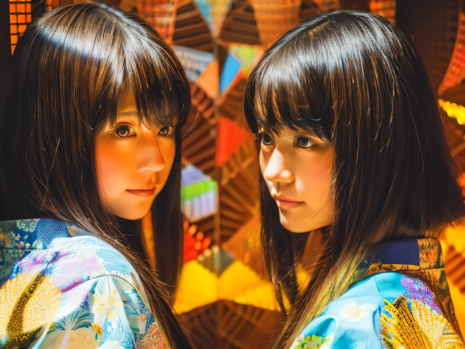 identical twin sisters、Beautiful Femme Fatale, upper body portrait, kimono, by Ilya Kuvshinov and Miho Hirano and Naomi Okubo, Dangerously attractive, Gold Gold, Paper cutting pattern, Japanese Ukiyo-e Background, Kaleidoscope, rich vibrant colors, --at 9:16 --s 1000 --q 2 --v 5