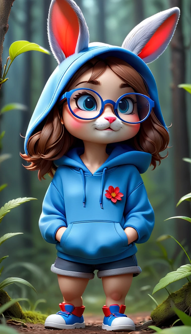 Cute rabbit，hairy，Wearing an blue hoodie,Wearing cute glasses。It is female，Because there is a bright red flower on its head.。Stroll through the forest where various animals live.,, Disney and Pixar style, cute numbers, comic characters, 3D rendering, bright lights, bright colors,High level of image quality、for a great job