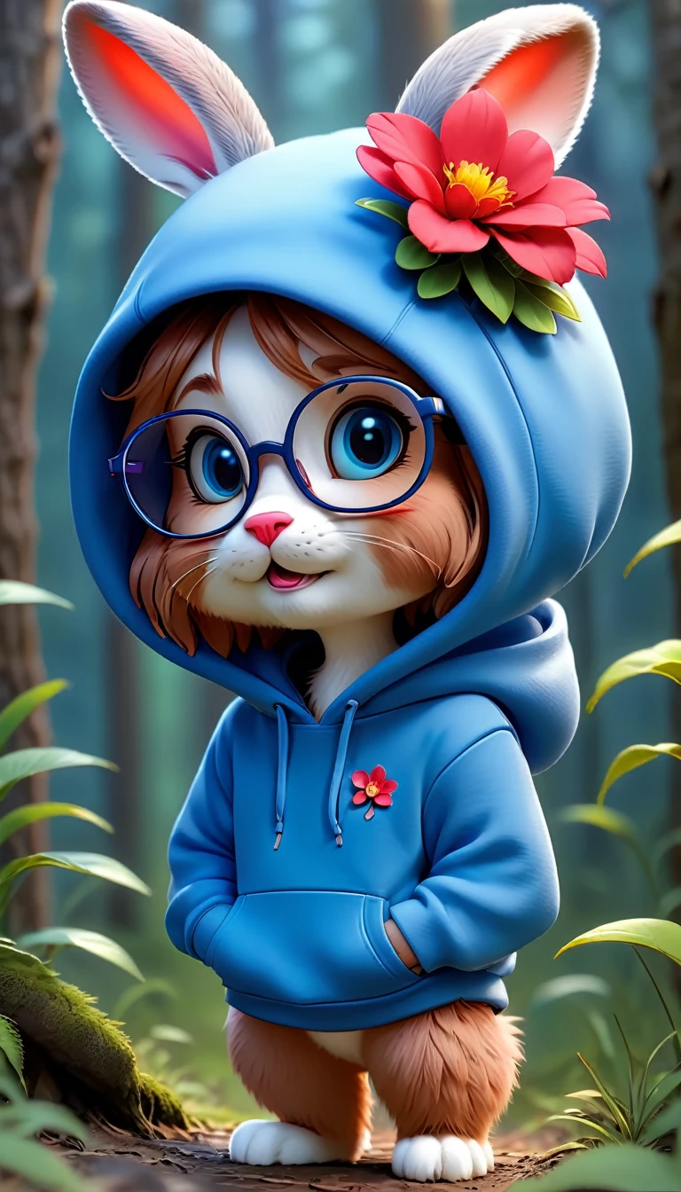 Cute rabbit,hairy,Wearing an blue hoodie,Wearing cute glasses。It is female,Because there is a bright red flower on its head.。Stroll through the forest where various animals live.,, Disney and Pixar style, cute numbers, comic characters, 3D rendering, bright lights, bright colors,High level of image quality、for a great job